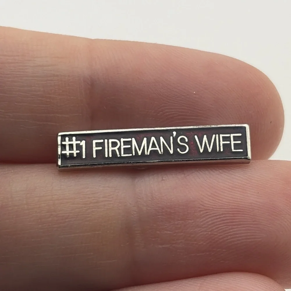 #1 Fireman's Wife Firefighting Lapel Hat Pin OMAF CO Silver Tone Black Enamel